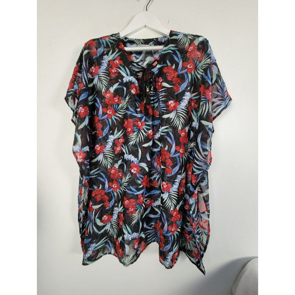 Tommy Bahama Women's Midnight Orchid Lace-Up Swimwear Tunic Cover Up Black/Red